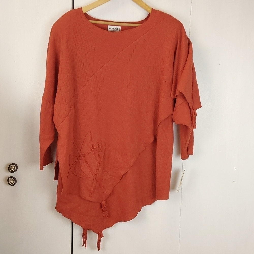Gadol | Womens Rusty Orange Edgy Tunic Top luxury Gauzy Boho Chic Sz.Large